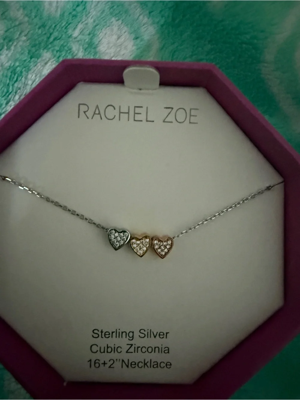 Rachel Zoe Silver Triple Heart Necklace with CZ Accents